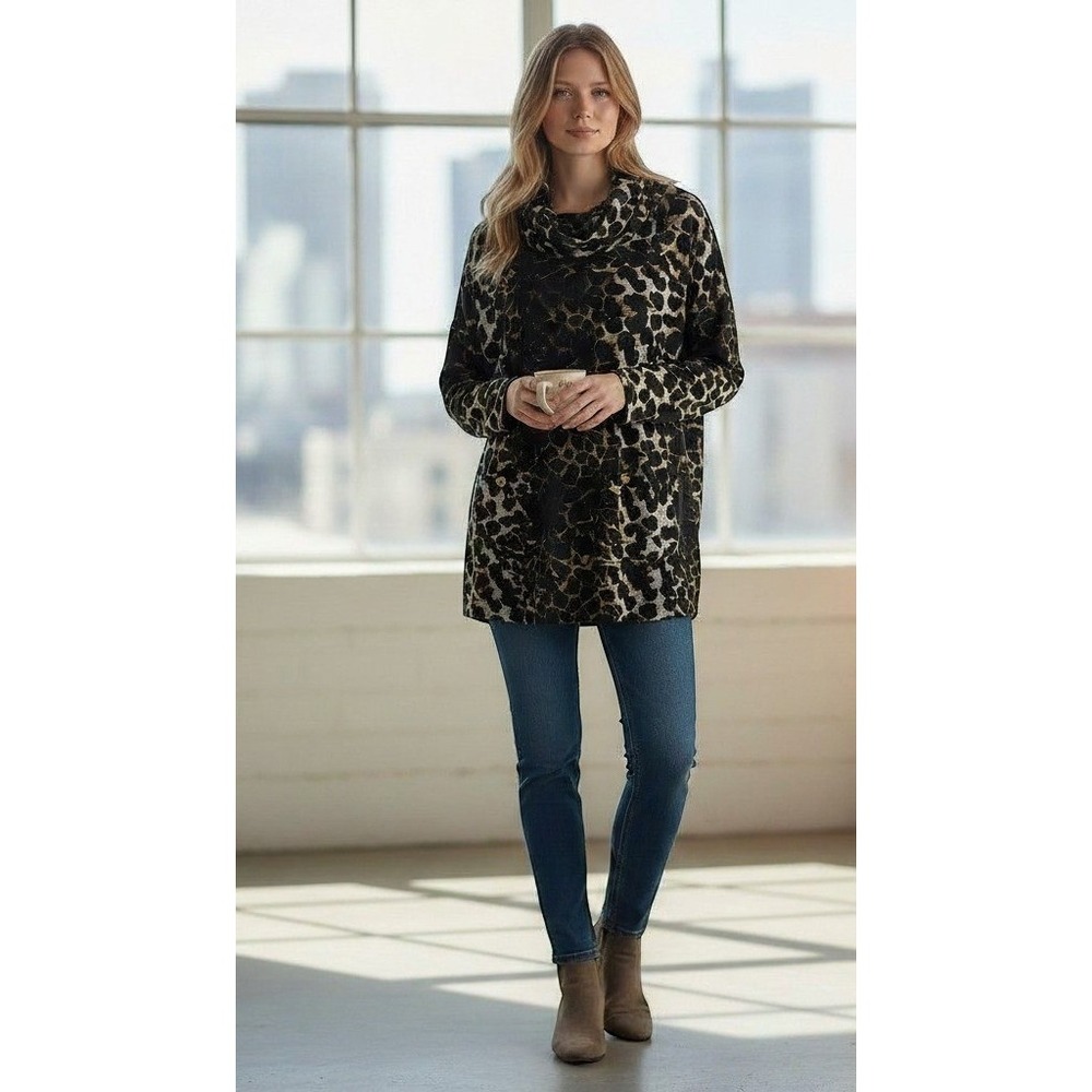 Leopard Print Cowl Neck Tunic Top with Pockets Black Brown Grey Stretch Small